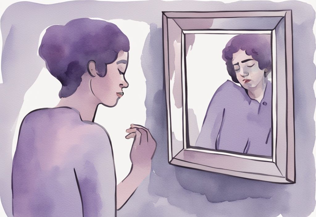 Minimalistic watercolor illustration of a narcissist playing victim, showing a person with a sad expression looking in a mirror while their reflection smirks, main color theme lavender.