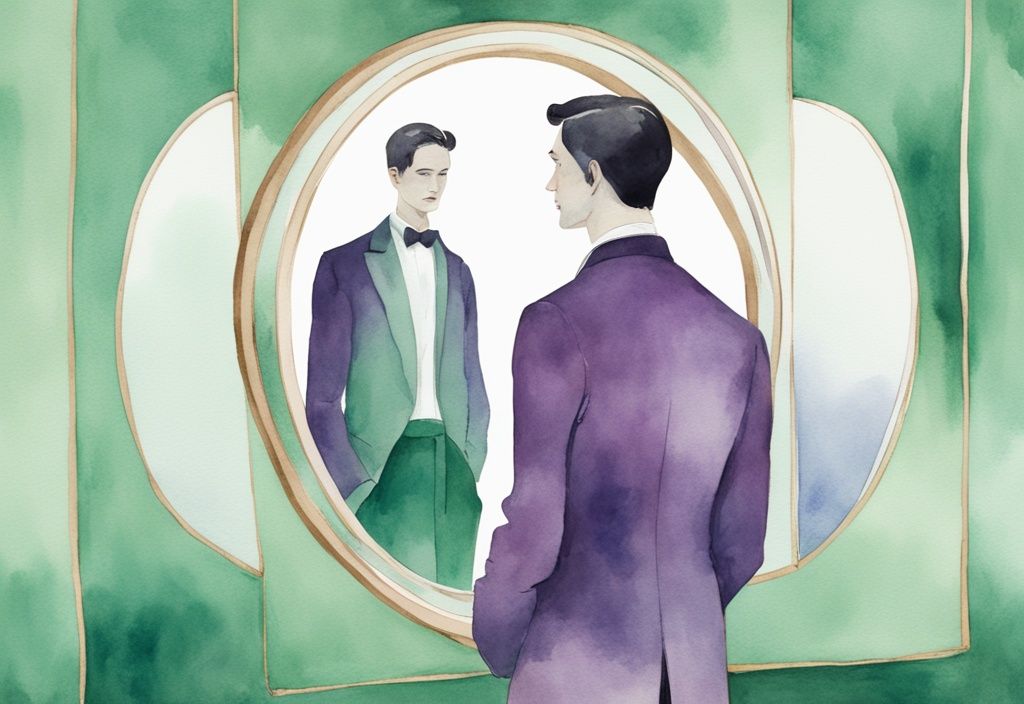 Minimalistic watercolor illustration of a man gazing at his reflection in a polished jade mirror with a lavender color theme.