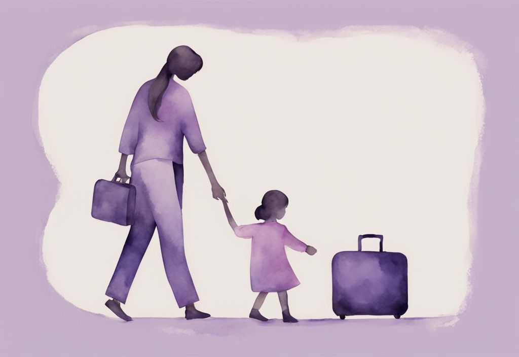 Minimalistic watercolor illustration of a determined woman holding her child's hand with a suitcase, symbolizing leaving an unhealthy relationship, lavender color theme.