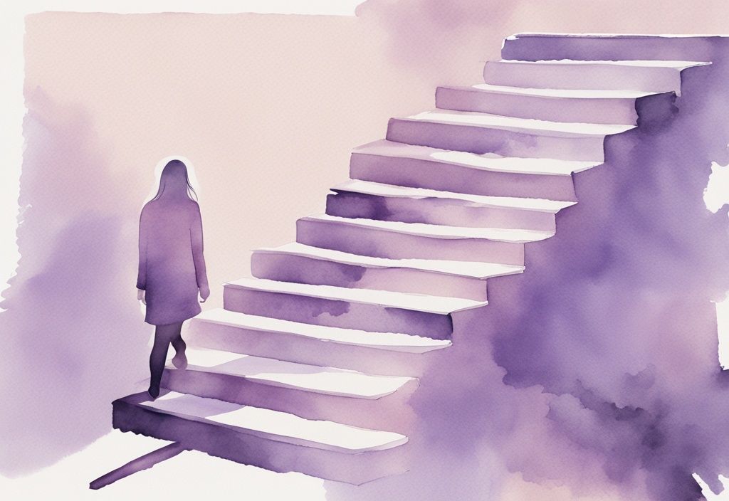 Minimalistic watercolor illustration of a person ascending a staircase through four stages of healing after narcissistic abuse, from despair to empowerment, with a lavender color theme