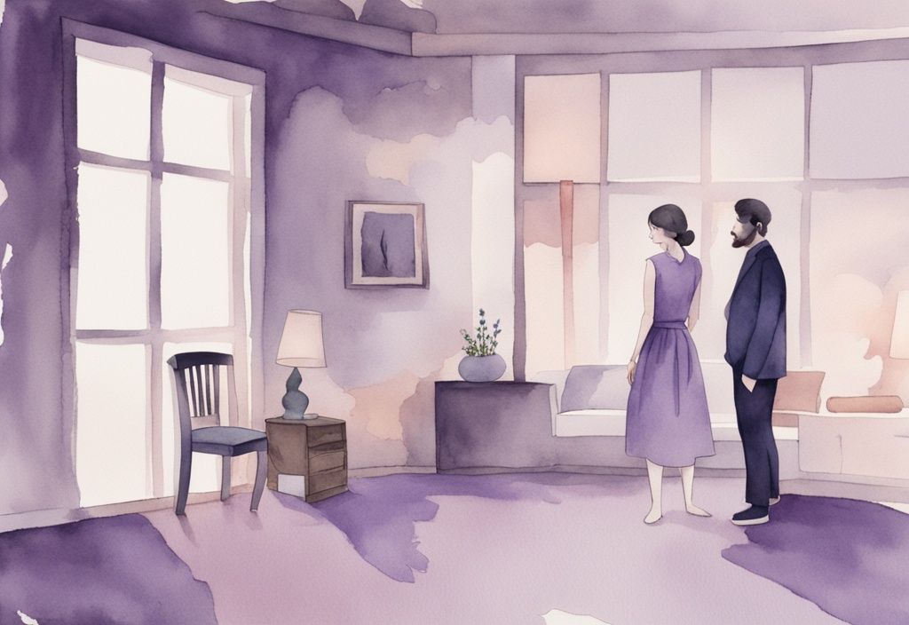 Minimalistic watercolor illustration of a tense domestic scene with a lavender theme, showing an emotionally drained individual and a dominating narcissistic partner; living with a narcissist when leaving is not an option.