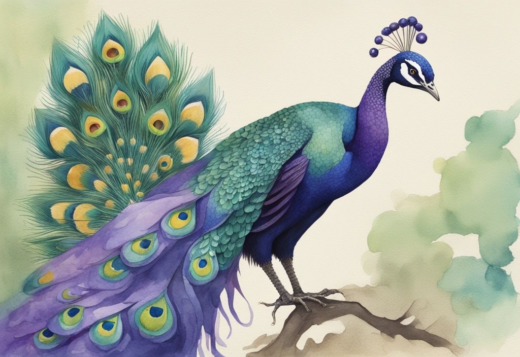 Minimalistic watercolor illustration of a lavender peacock with a crown, puppet string in beak manipulating crowd, green-eyed snake, crushed creature underfoot, golden scepter in wing, symbolizing arrogance, manipulation, and envy.