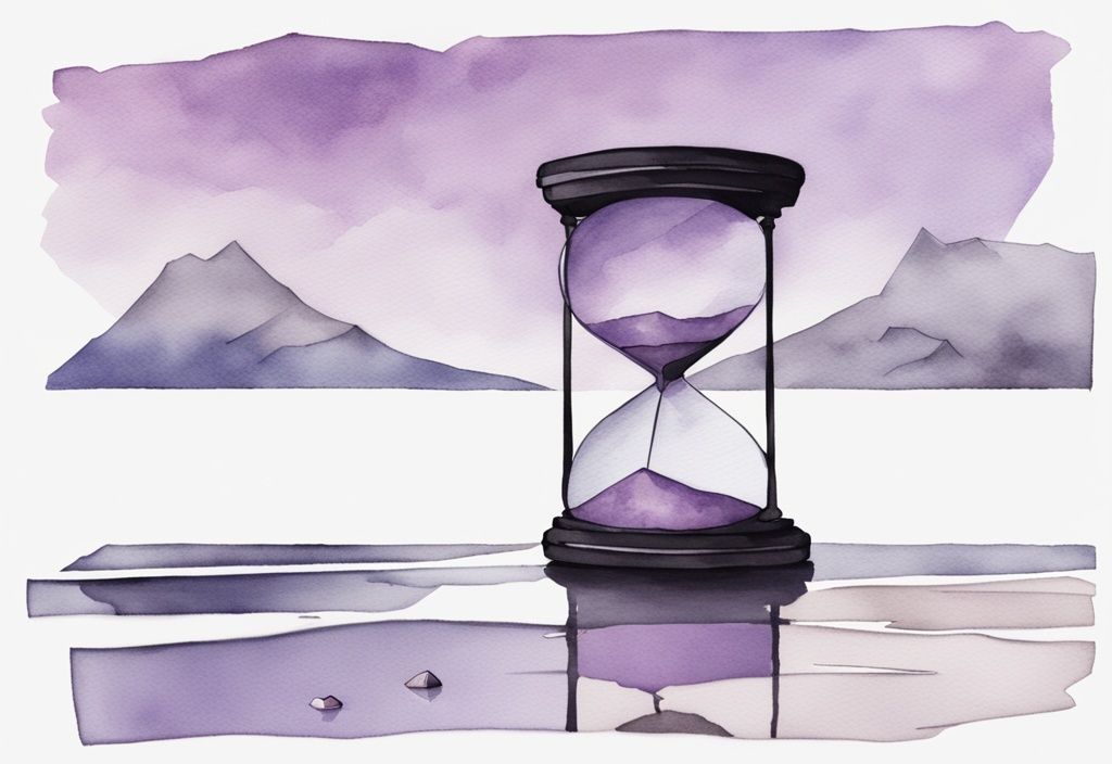 Minimalistic watercolor illustration with lavender theme, shattered mirror reflecting desolate landscape, foreground hourglass measuring indefinite time