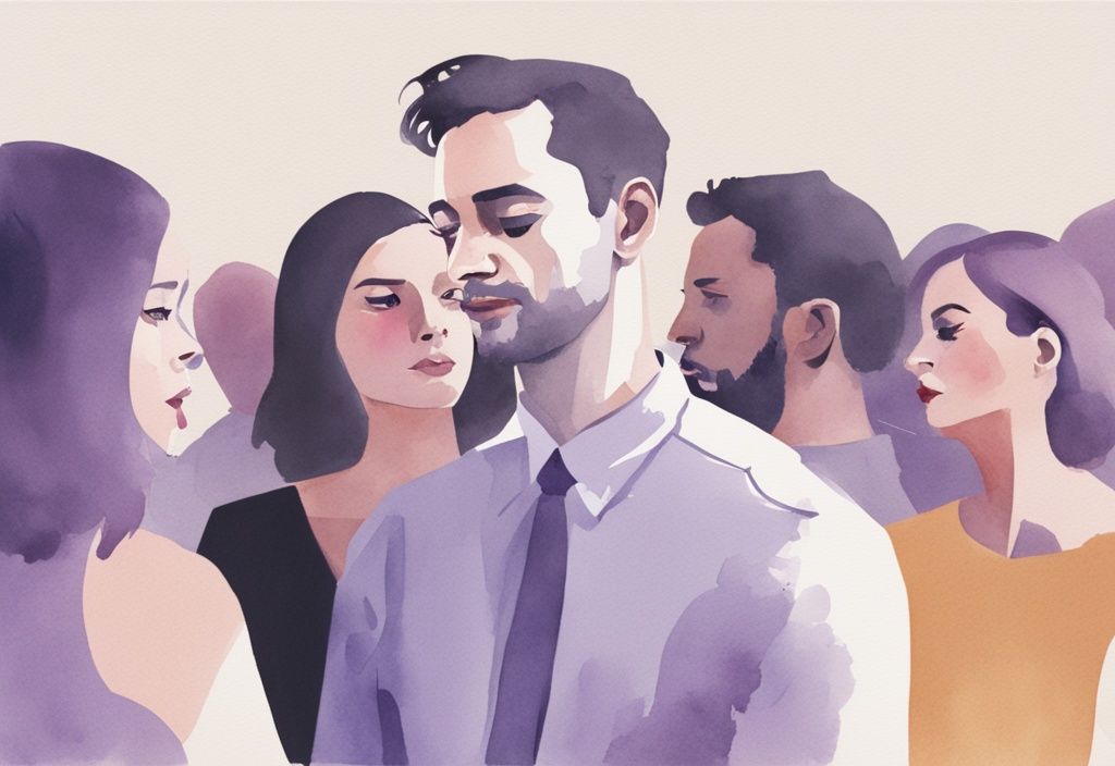 Minimalistic watercolor illustration of a woman in lavender theme subtly drawing attention at a crowded party, smirking at a captivated man, showcasing a psychological tug-of-war.