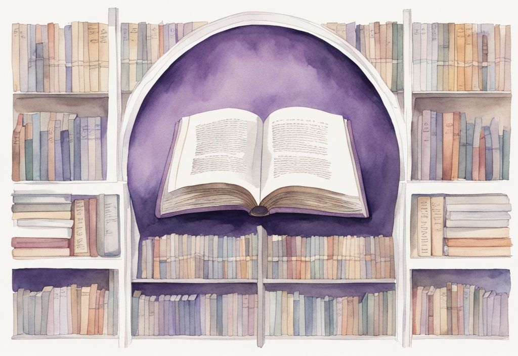 Minimalistic watercolor illustration of colorful fiction books about narcissism in a semi-circle with a mirror reflecting one book's title.