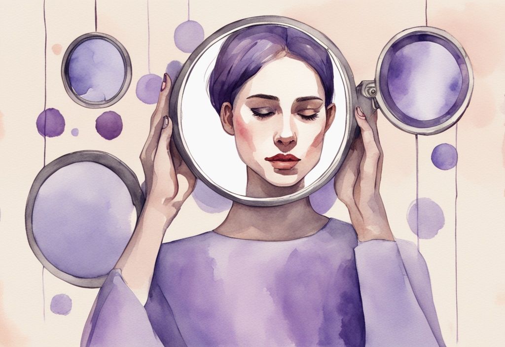 Minimalistic lavender watercolor illustration of a woman viewing herself through a multi-lens mirror, each lens highlighting different narcissistic traits.