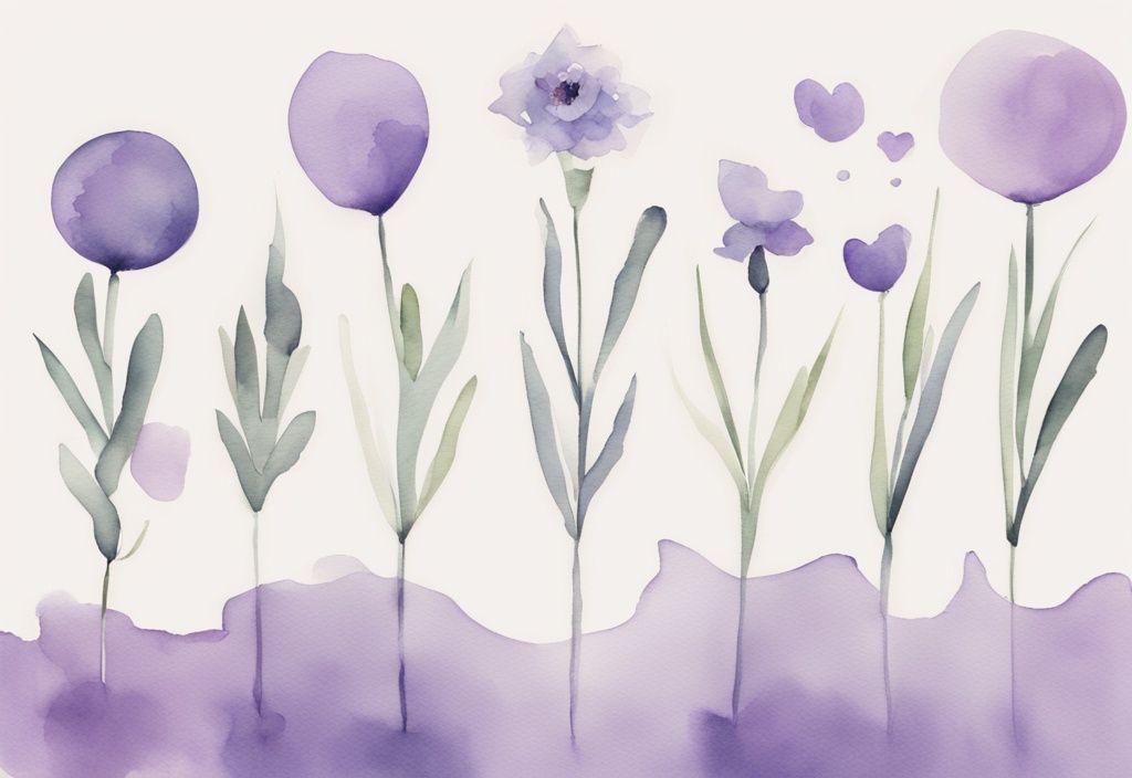 Minimalistic watercolor illustration showcasing the stages of divorcing a narcissist with symbolic representations of shock, denial, anger, bargaining, testing, and acceptance in a lavender color theme.