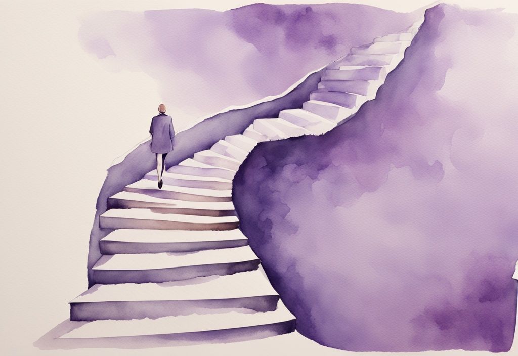 Minimalistic lavender watercolor illustration of a person ascending a staircase representing four stages of healing after narcissistic abuse, from despair to empowerment and healing.