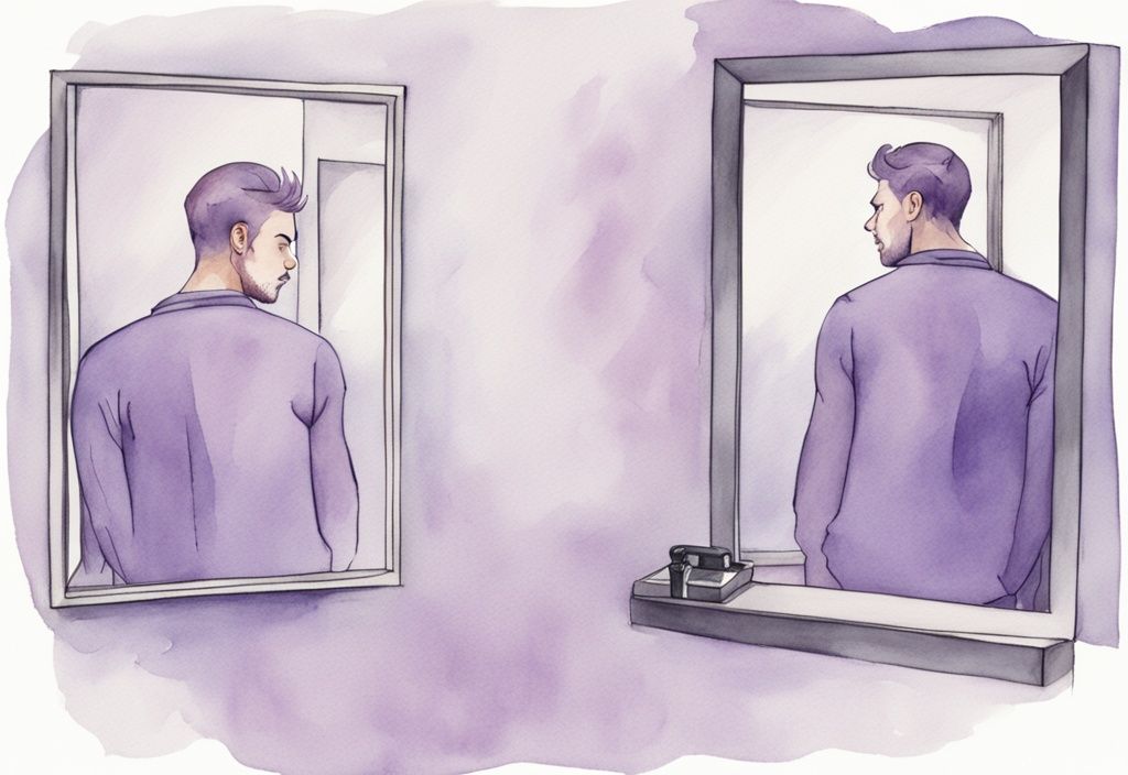 Minimalistic lavender watercolor illustration of a flamboyant narcissist irritated by an unseen person through a mirror, depicting how to piss off a narcissist.