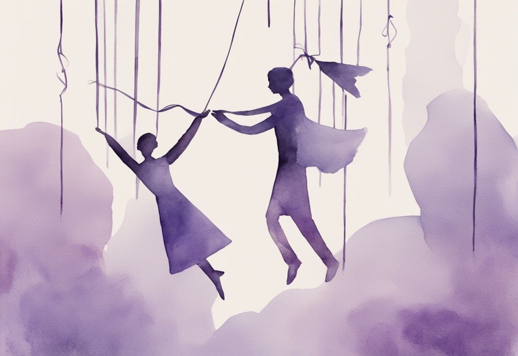 Minimalistic lavender watercolor illustration of a person breaking free from puppet strings, symbolizing liberation from control