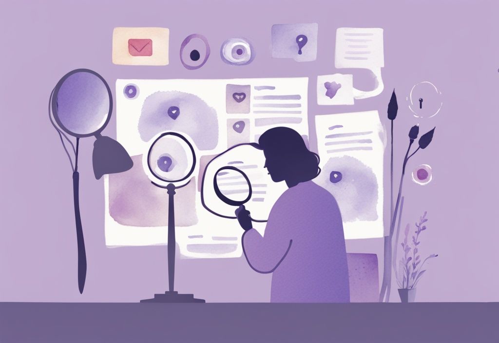 Minimalistic watercolor illustration of person with magnifying glass reflecting social media posts and text messages suggesting cheating and narcissistic traits, lavender theme