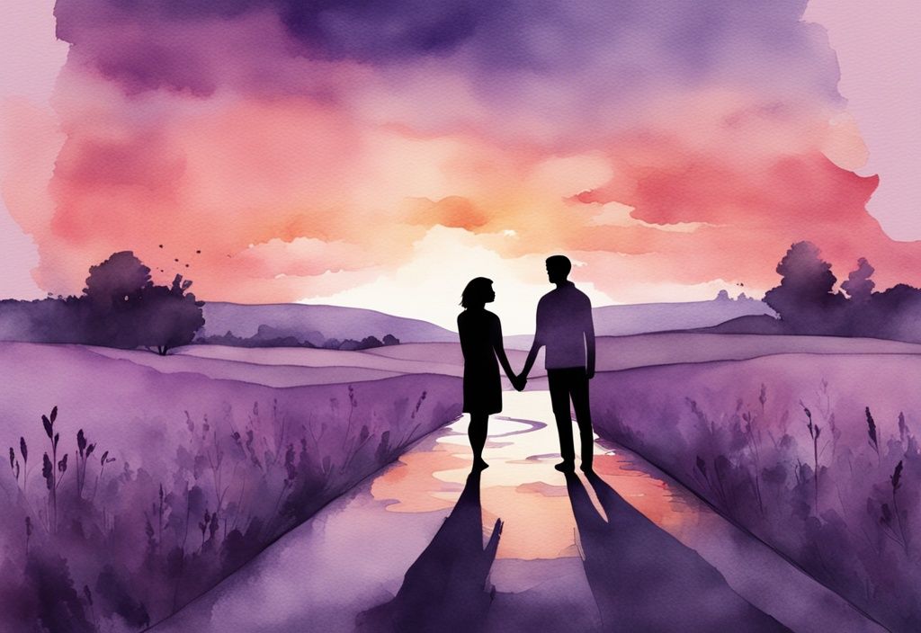 Minimalistic watercolor illustration of a silhouetted couple at a crossroads during sunset with an empowering final goodbye toxic relationship quotes overlayed.