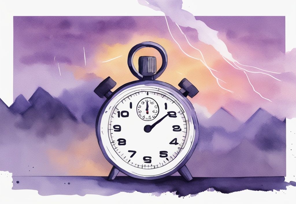 Minimalistic watercolor illustration of a stopwatch with lavender theme, ticking fast against blurred lightning, symbolizing the difference between love bombing and honeymoon phase.