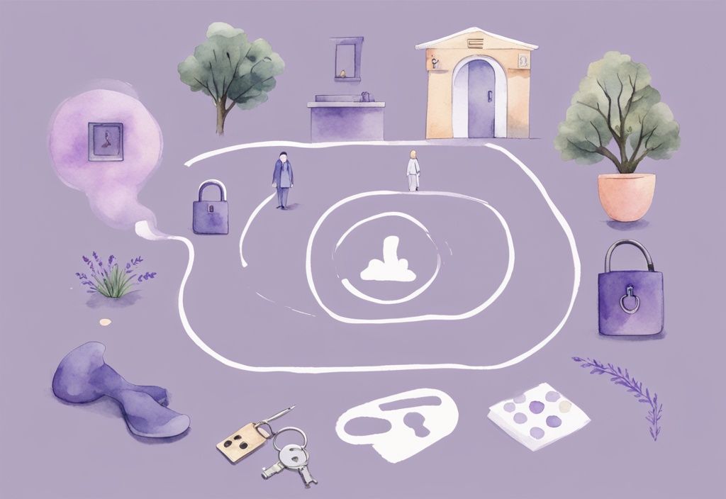 Minimalistic watercolor illustration in lavender showing icons of a person drawing a line, a hand gesture signaling 'stop', and a lock, representing methods of setting boundaries with a narcissist.