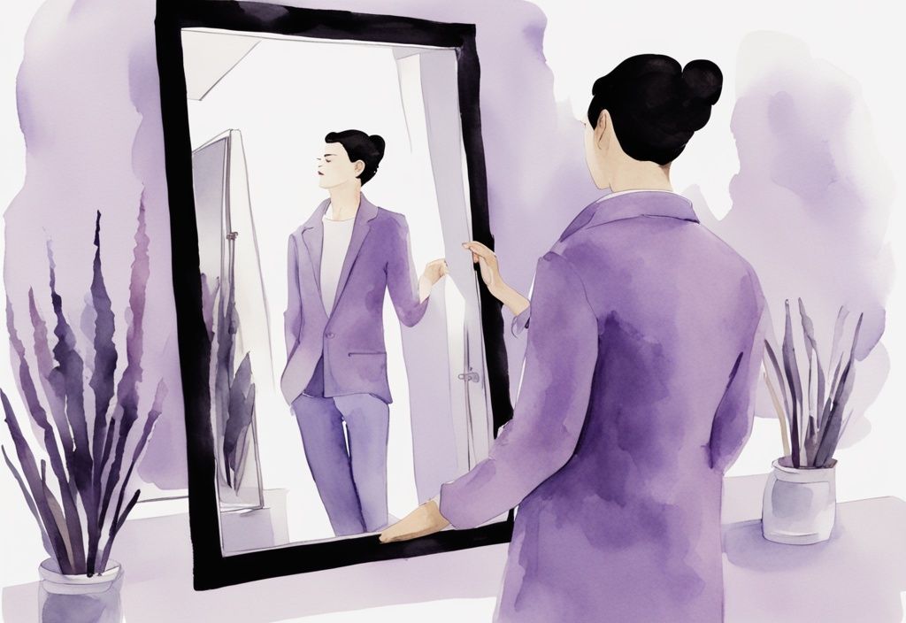 Minimalistic lavender watercolor illustration of a person in a narcissistic pose admiring themselves in a mirror