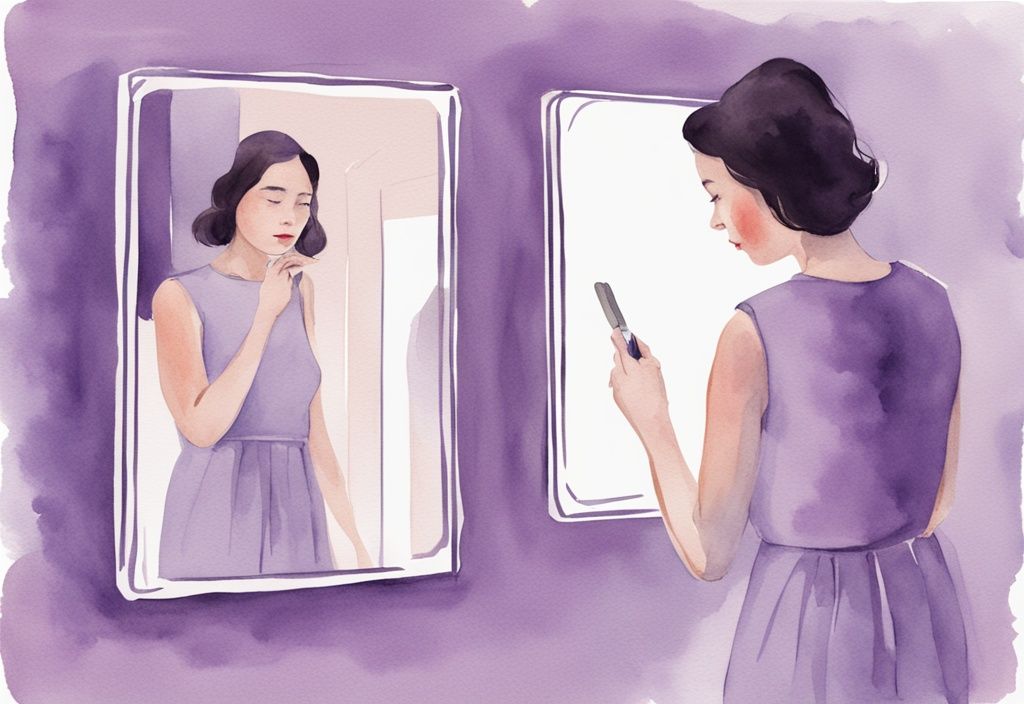 Lavender watercolor illustration of a doubtful woman looking at her partner's narcissistic traits in a mirror