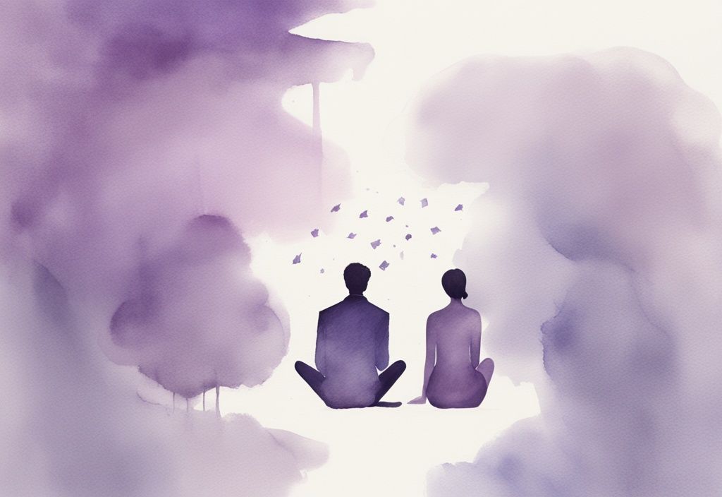 Minimalistic lavender watercolor illustration of a disinterested couple, one reading a book, the other upset, depicting emotional withholding, silent treatment, and indifference.