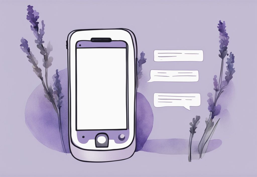 Minimalistic watercolor illustration of a smartphone screen with dull conversation, bored recipient, lavender theme