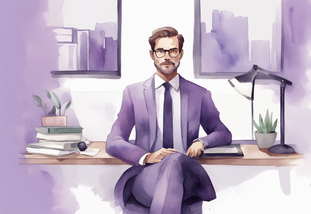 Minimalistic watercolor illustration of a professional in an office, taking credit for a team project, lavender color theme