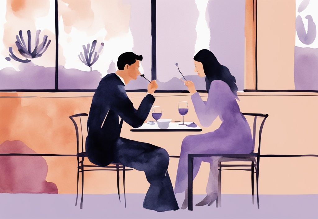 Minimalistic watercolor illustration of a couple at a restaurant, one person admiring their reflection in a spoon, am I dating a narcissist theme, lavender color scheme.