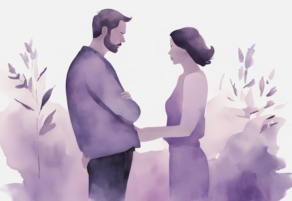 Minimalistic watercolor illustration of a passive aggressive narcissist husband smirking with crossed arms, turning away from a distressed woman trying to communicate, lavender color theme.