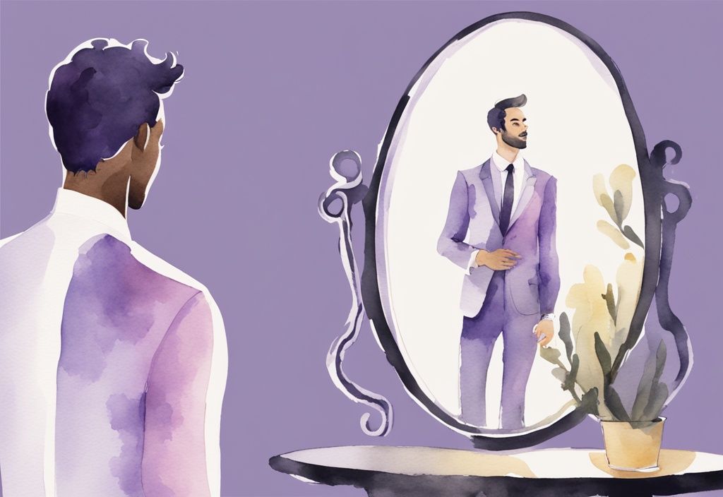 Minimalistic watercolor illustration of an overt narcissist, a flamboyant man with a smug smile admiring his reflection in a mirror, main color theme lavender.