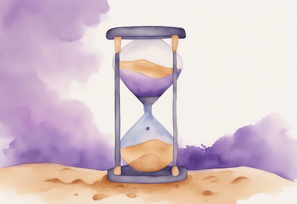 Minimalistic lavender watercolor illustration of a sand timer with fiery expressions instead of sand, fading away.