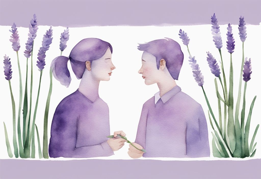 Minimalistic lavender watercolor illustration depicting narcissist devalue examples by subtly belittling and manipulating another individual's self-esteem in a conversation.