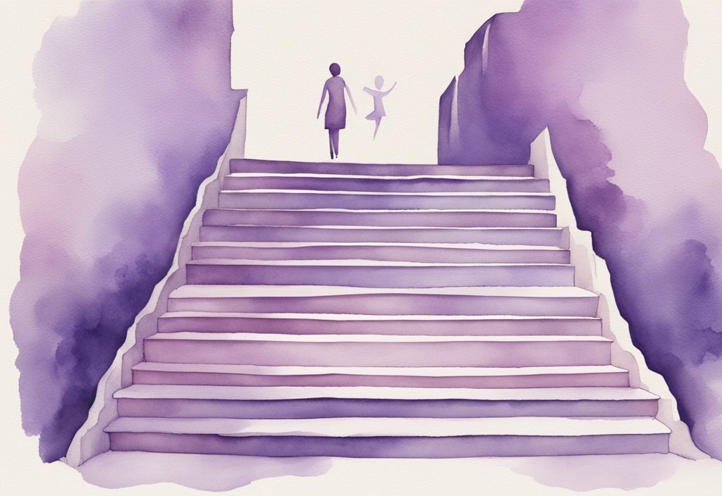 Minimalistic watercolor illustration of a person ascending a staircase labeled with the 4 key stages of healing after narcissistic abuse in lavender tones.