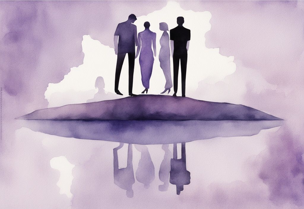 Minimalistic watercolor illustration of a man with multiple female reflections, symbolizing narcissistic infidelity, in lavender tones