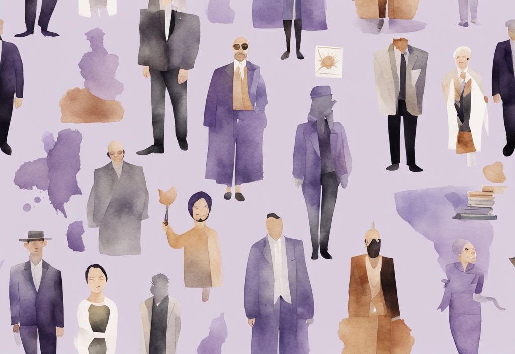 Minimalistic watercolor illustration of narcissistic fictional characters collage in lavender tones, highlighting grandiose self-image and manipulative behaviors.