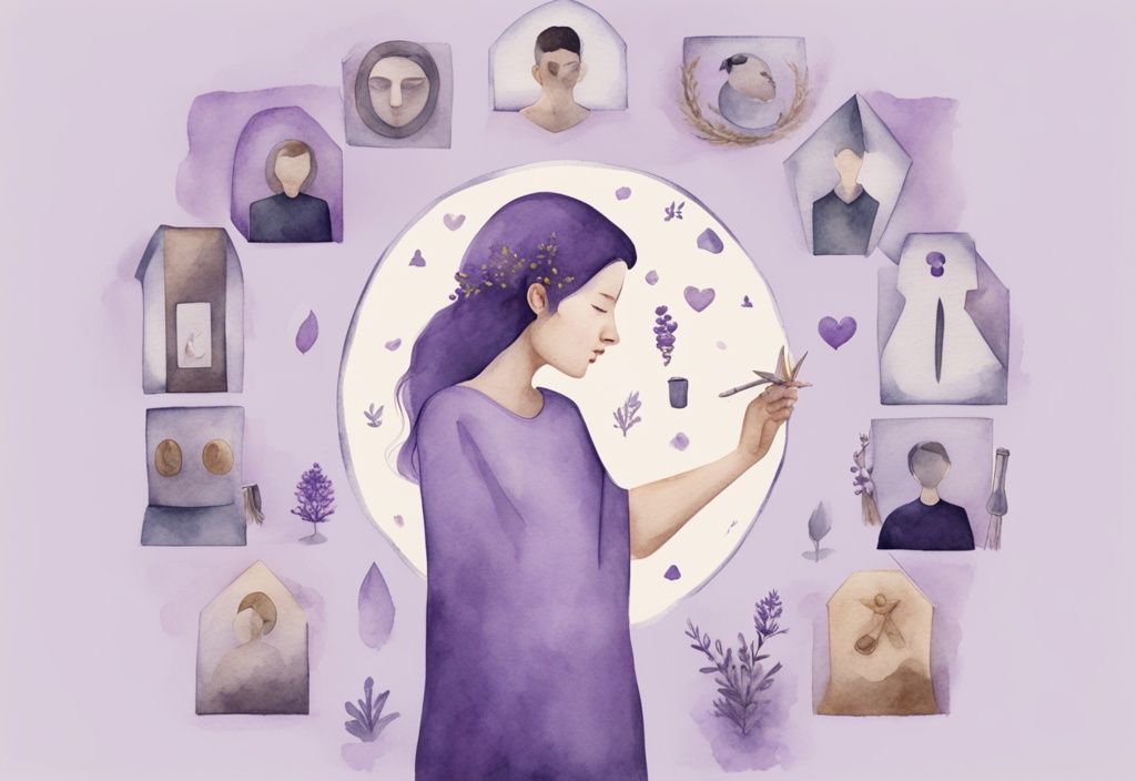 Minimalistic lavender watercolor illustration depicting a narcissistic individual surrounded by 12 symbolic icons representing the 12 traits of a narcissist.