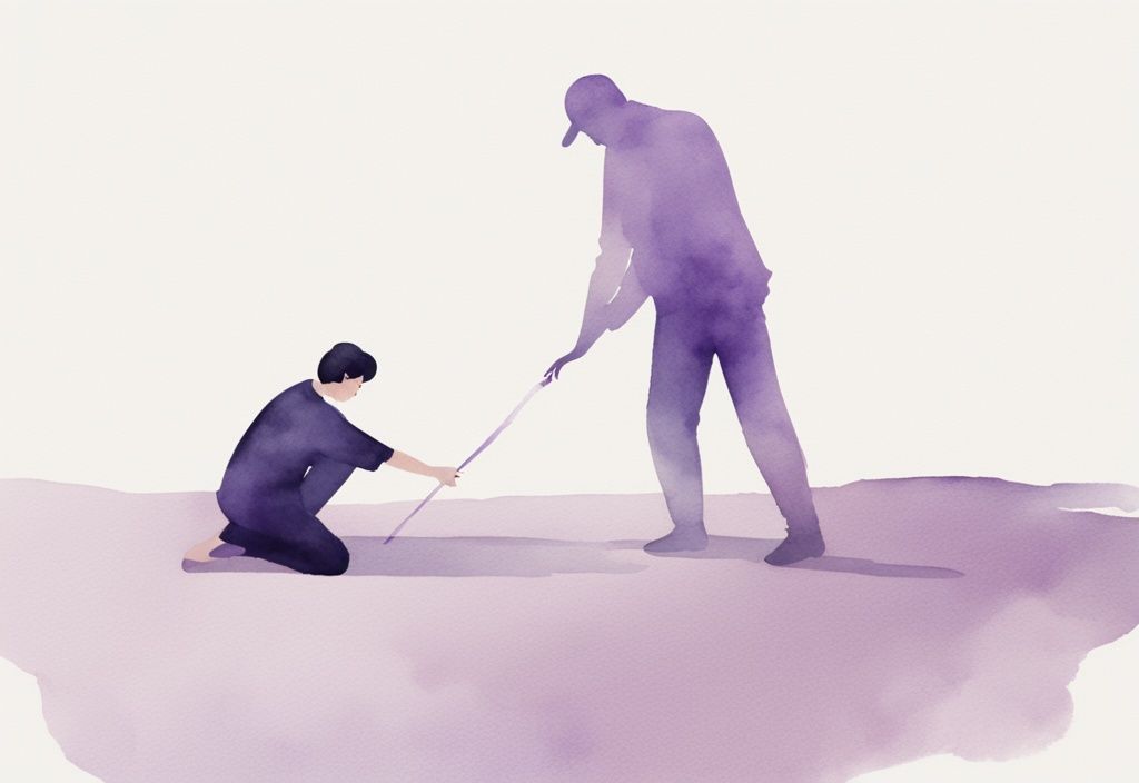 Minimalistic lavender watercolor illustration of a person drawing a bold boundary line in front of a self-focused individual, symbolizing 10 ways to set boundaries with a narcissist.