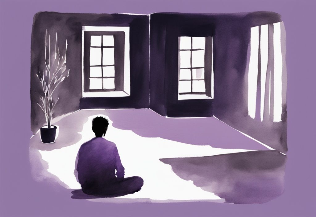 Minimalistic watercolor illustration of a person reflecting on stages of guilt after cheating in a dimly lit room, with dark-toned images depicting denial, anger, bargaining, depression, and acceptance, main color theme lavender.