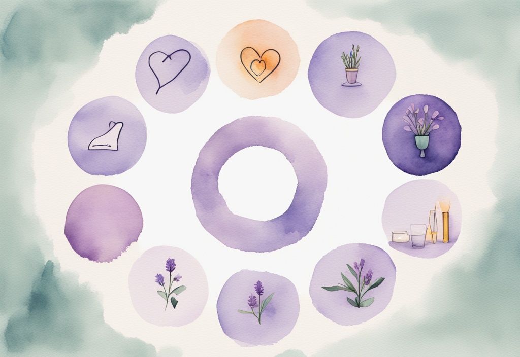 Minimalistic watercolor illustration with lavender theme showing ten icons in a circle representing narcissistic traits like extreme self-love, arrogance, entitlement, lack of empathy, and manipulative behavior.