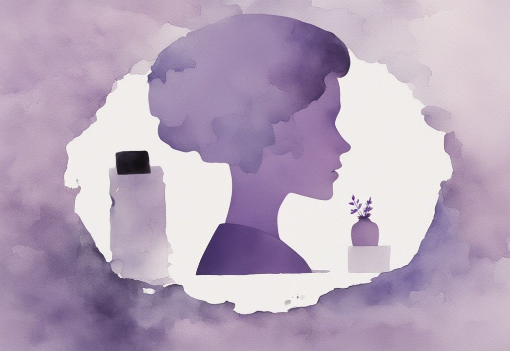 Minimalistic lavender watercolor illustration of a puzzled individual reflected in a cracked mirror, symbolizing self-doubt and introspection about toxic behaviors in a relationship.