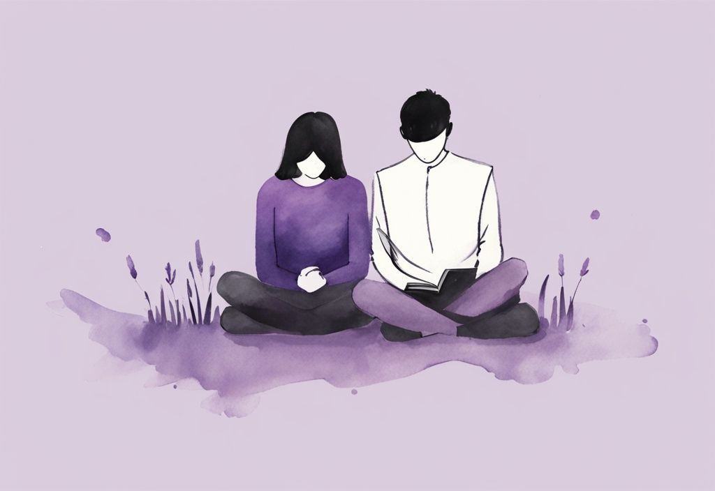 Minimalistic watercolor illustration of a couple sitting apart, showing disinterest and indifference; one engrossed in a book, the other visibly upset, in lavender tones.