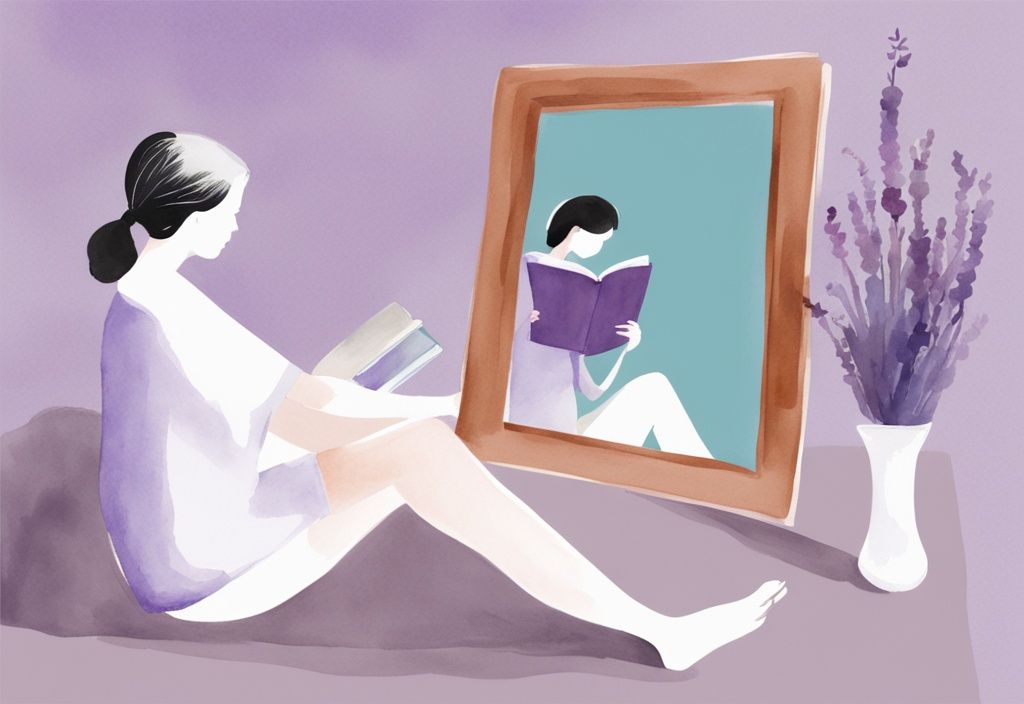 Minimalistic watercolor illustration in lavender showing a mirror reflecting a person holding a book titled "Understanding Others," depicting how to stop being a narcissist.