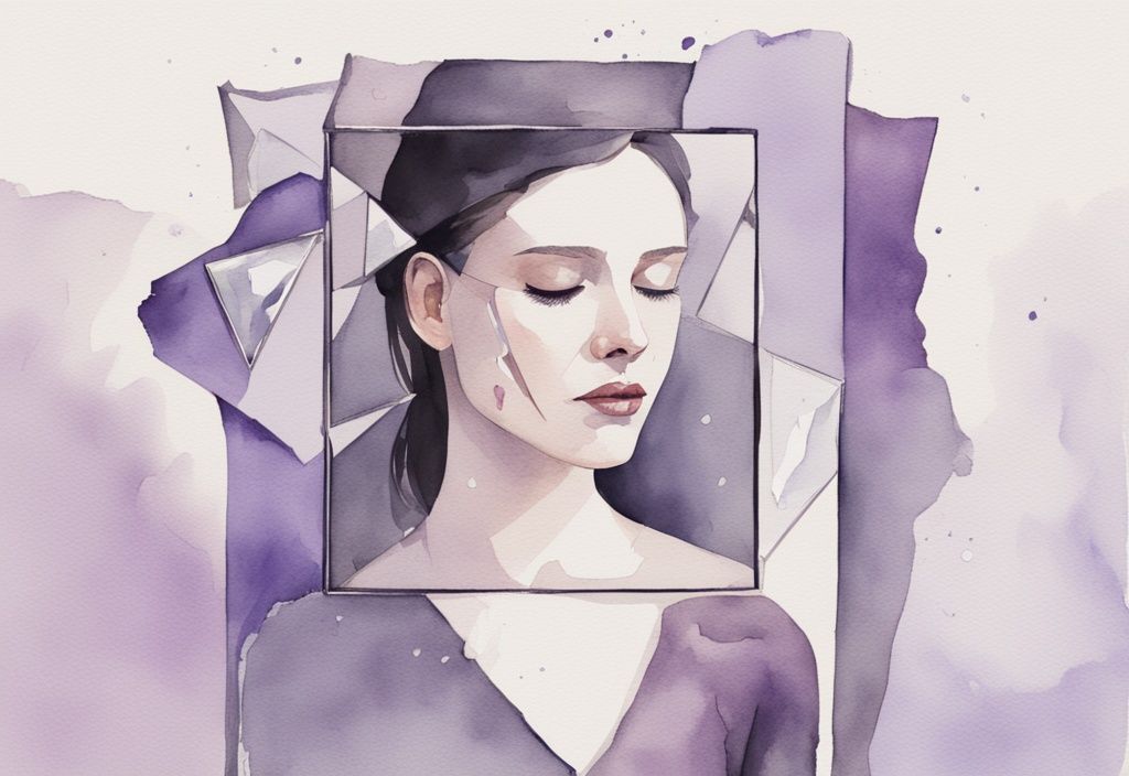 Minimalistic watercolor illustration of a broken mirror with lavender hues, depicting a woman's emotional detachment from a narcissistic partner through different reflections.