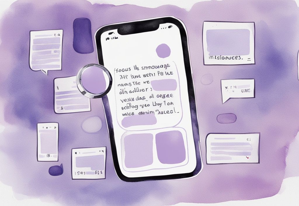 Minimalistic lavender watercolor illustration of a magnifying glass over text messages on a phone, reflected in a mirror revealing a smirking face, depicting how to catch a narcissist cheating.