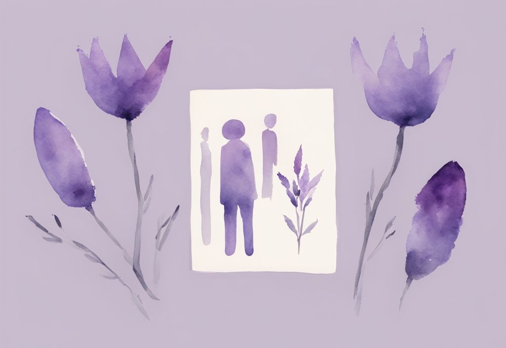 Minimalistic watercolor illustration in lavender showing five prohibitory signs for behaviors like crying, begging, stalking, re-engaging, and self-blame after ending a relationship with a narcissist.