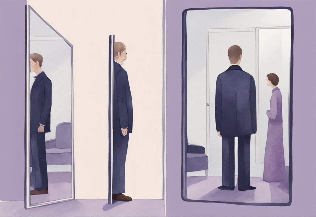 Minimalistic lavender watercolor illustration of a man admiring his reflection in a full-length mirror, ignoring surrounding people.