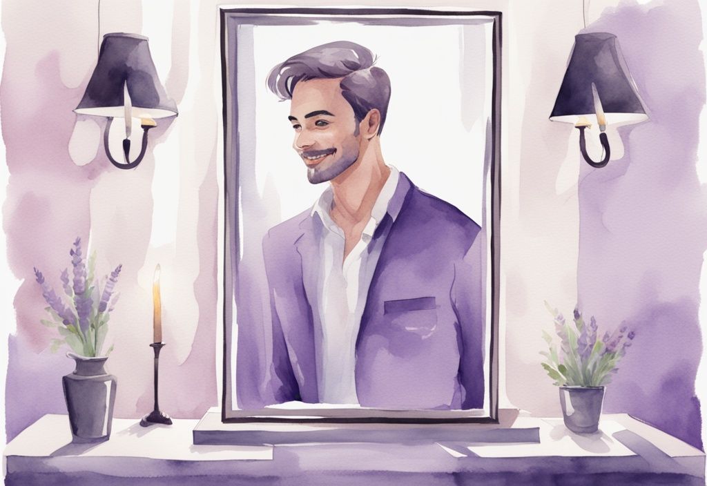 Minimalistic lavender watercolor illustration of a covert narcissist husband, smiling confidently in a mirror while his true reflection smirks behind him.