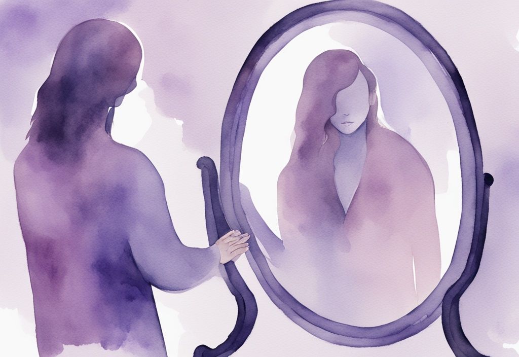 Minimalistic watercolor illustration of a person looking into a mirror with DSM-5 Narcissistic Personality Disorder criteria reflections in lavender tones.