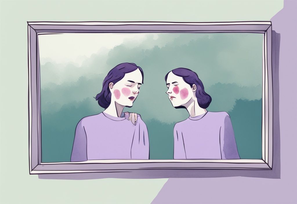 Minimalistic watercolor illustration of a narcissist playing victim, showing a sad person looking in a mirror with a smirking reflection, main color theme lavender.