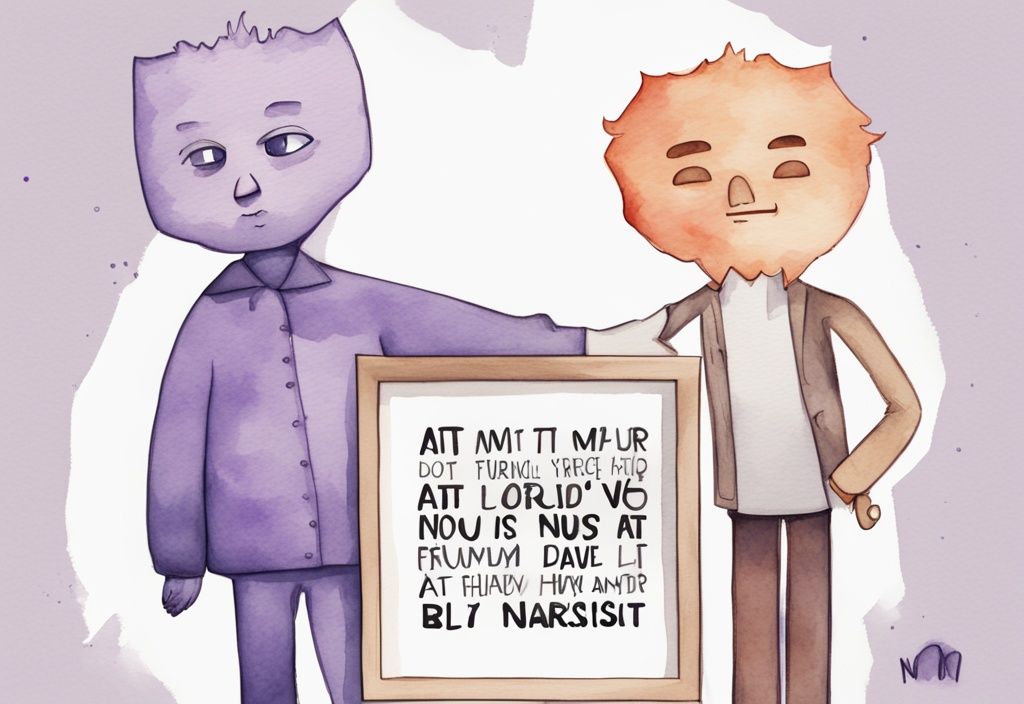 Minimalistic watercolor illustration with lavender theme featuring two cartoon characters, one with narcissistic traits and the other holding a sign with a funny quote; funny things to say to a narcissist.