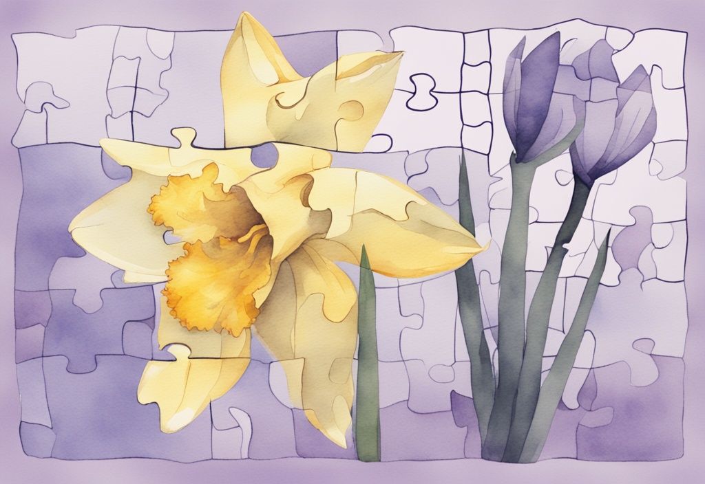 Minimalistic watercolor illustration of a lavender-themed narcissus flower with blurred puzzle pieces in the background containing facts about Narcissistic Personality Disorder symptoms and characteristics