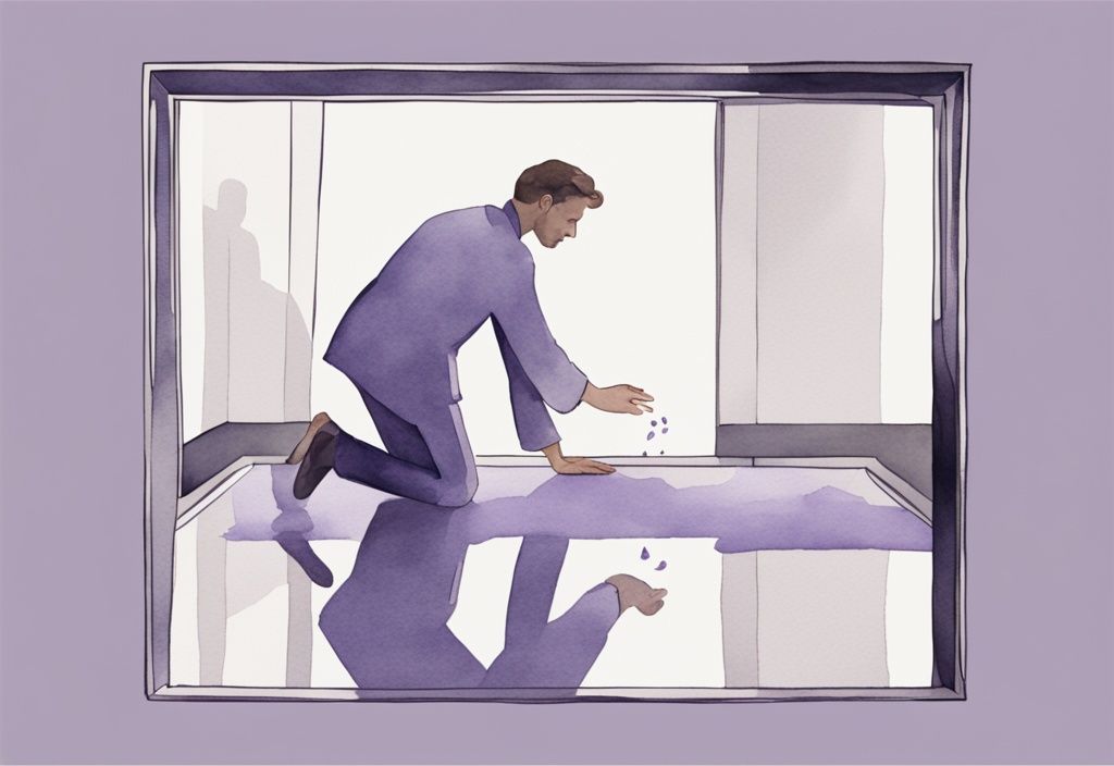 Minimalistic lavender watercolor illustration of a man pushing away his mirrored reflection.