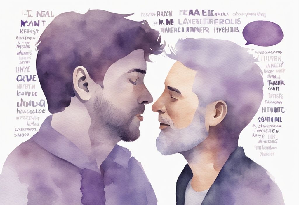 Minimalistic watercolor illustration of a man talking to a teenage boy, with a word cloud depicting things narcissistic fathers say, in lavender tones.