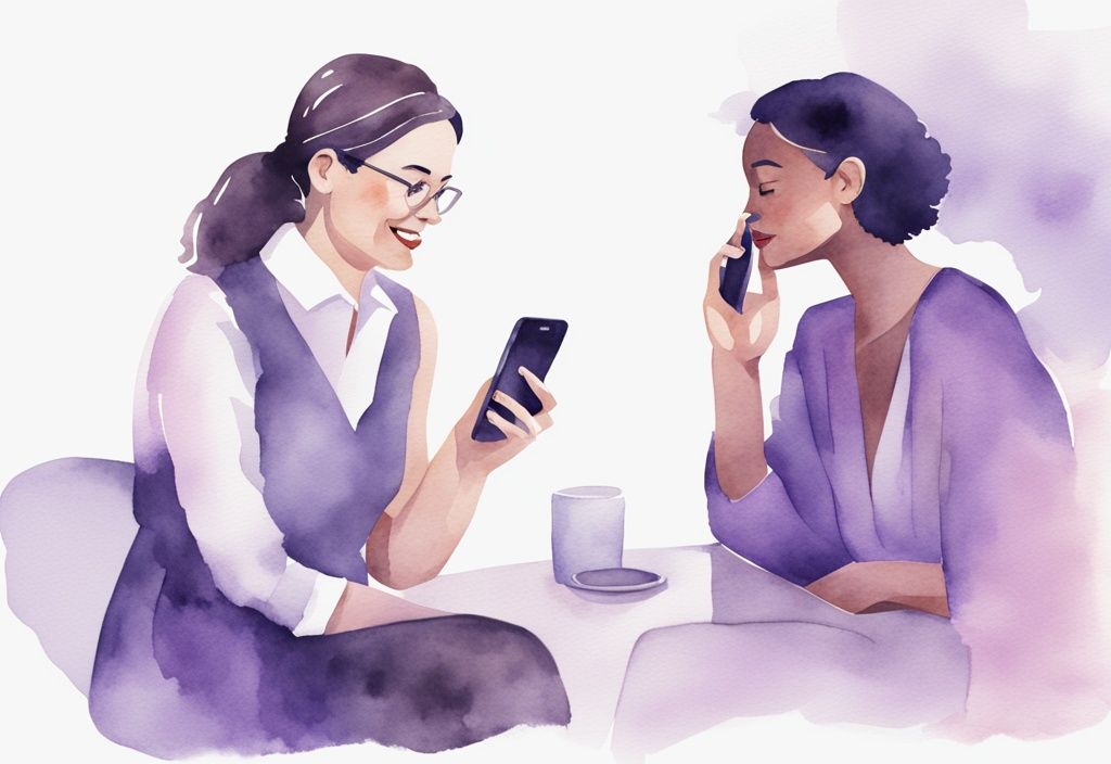 Minimalistic lavender watercolor illustration of a confident, manipulative woman discreetly using a smartphone while conversing with an unsuspecting partner.